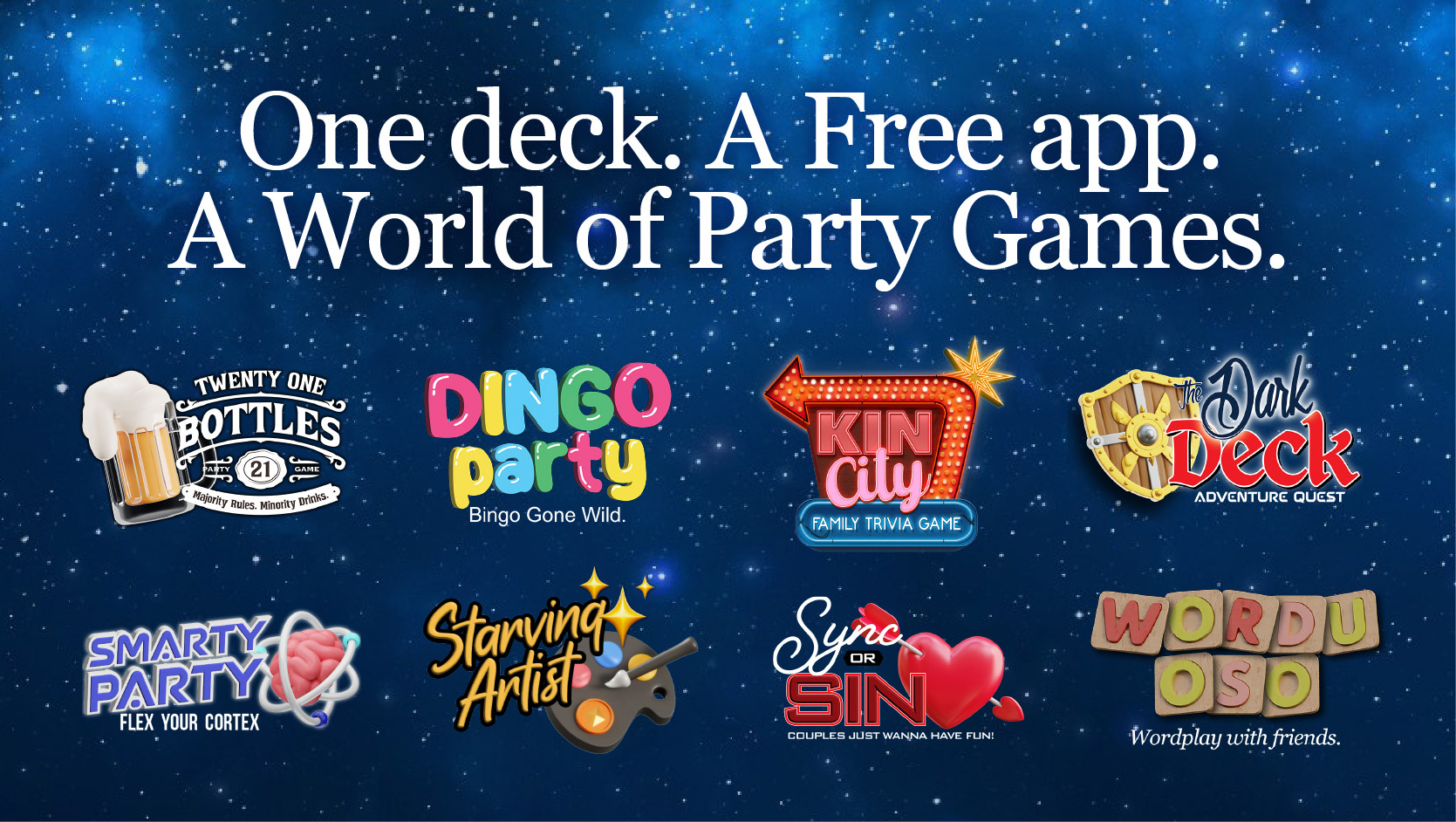 Eight included Dark Qards party games shown around a physical card deck and mobile app