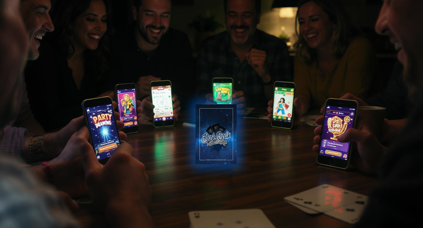 Dark Qards deck and smartphones showing multiple party games from one card deck